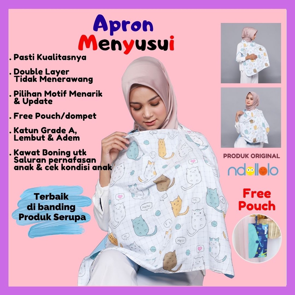 Apron Menyusui Kain Double Lapisan Nursing Cover Ibu Menyusui Bayi Premium Free Dompet Merk Ndollolo