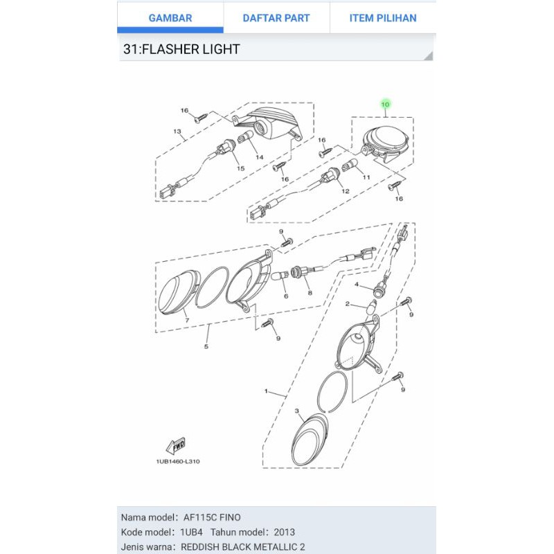 LAMPU SEN SEIN KIRI BELAKANG FINO KARBU ASLI ORI YAMAHA 1UB H3330 00