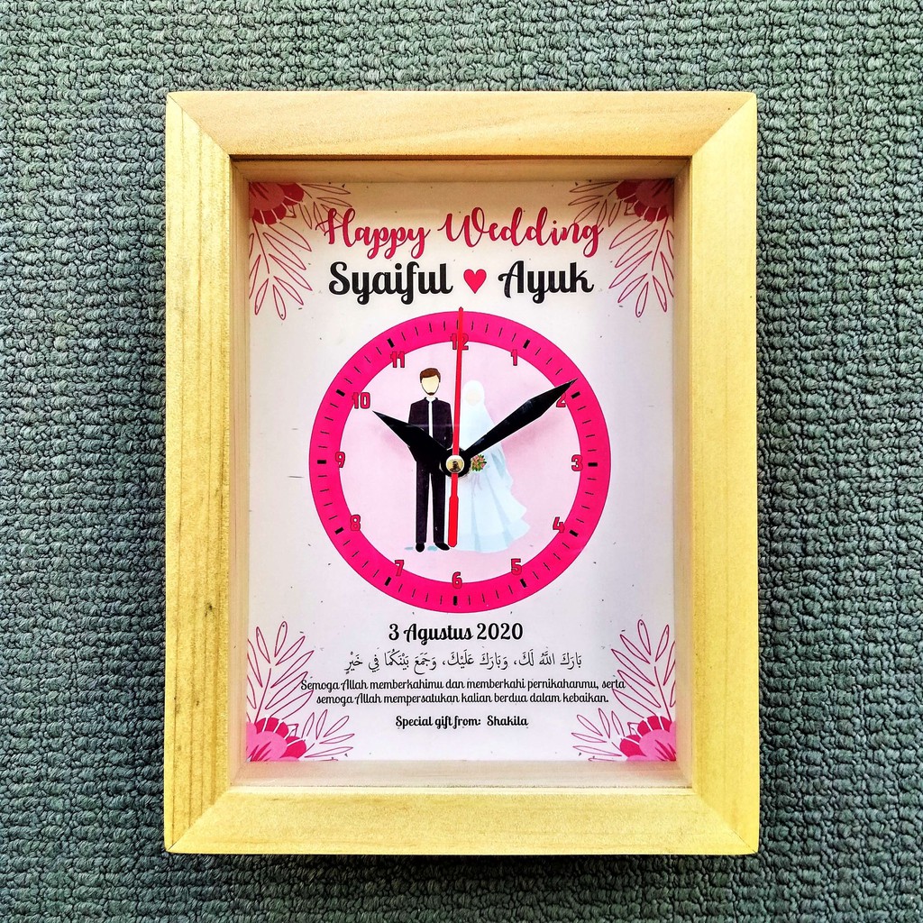 Kado pernikahan jam frame kayu pigura kayu 3D