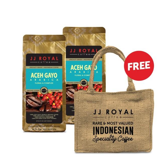 

Bundling 2 JJ Royal Coffee Aceh Gayo Arabica Bag 200gr FREE Tas Goni