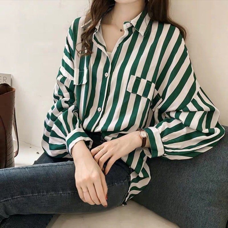 Kemeja Wanita Lengan Panjang Cassual Oversize Jumbo Motif Stripe Ada Kantong Import Murah BestSeller