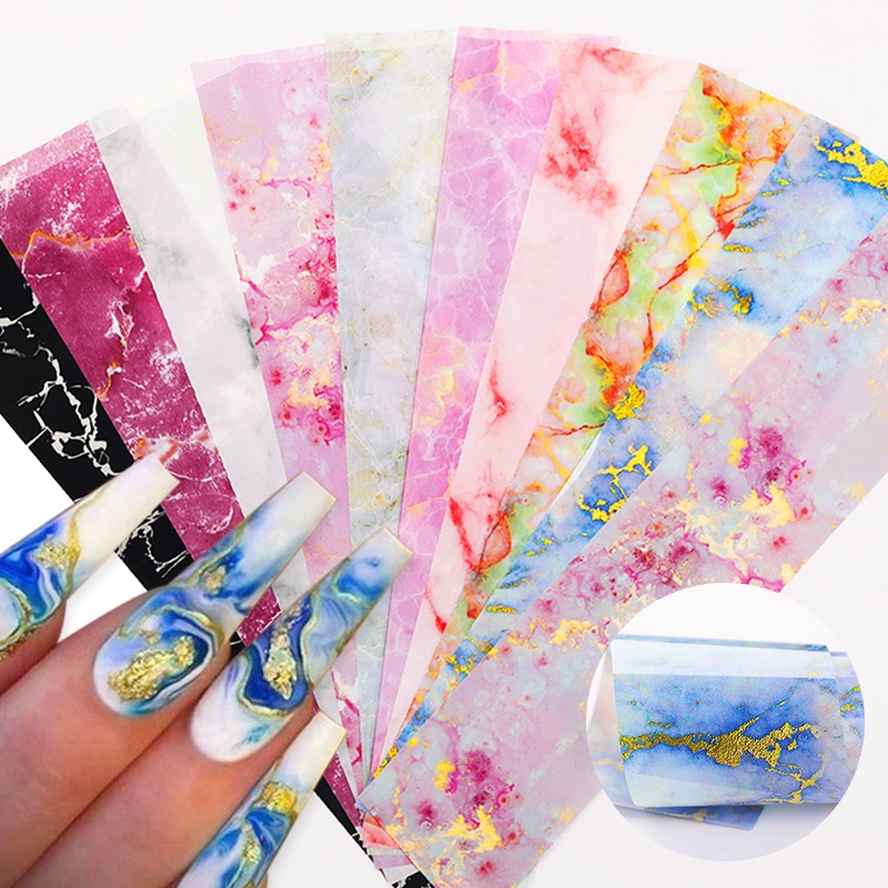 10pcs / Kantong Stiker Foil Transfer Desain Marmer Untuk Dekorasi Nail Art