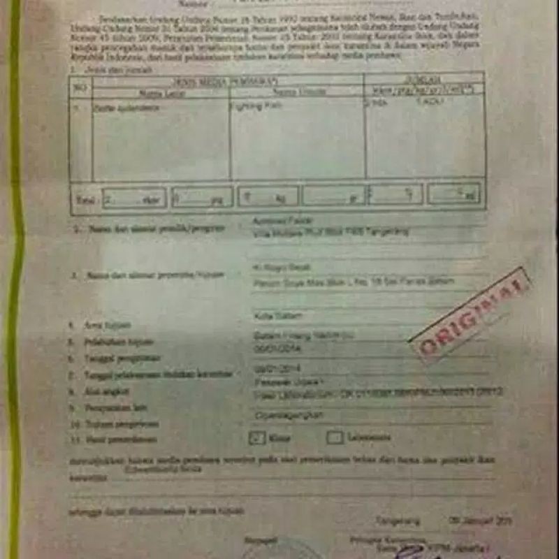 Surat Karantina Ikan Luar Pulau