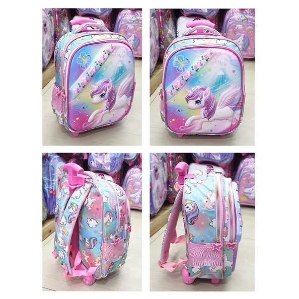 Tas Trolley DORONG Sekolah TK Anak Perempuan Gambar KUDA PONY ROSE SHOES 2Resleting GLOSSY TIMBUL IMPORT ( Rose 13&quot; )