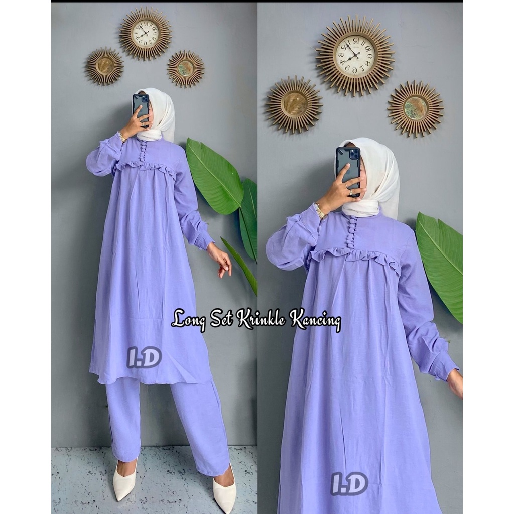 ONE SET LONG TUNIK CRINKLE KANCING. SETELAN LONG TUNIK KRINKLE KANCING. SETCEL LONG TUNIK CRINCLE KA