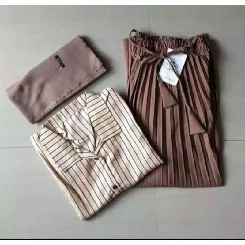 PAKET OOTD HEMAT 3IN1 WANITA / PAKET OOTD ROK PLISKET+KEMEJA FREE HIJAB/ SET OOTD KEKINIAN