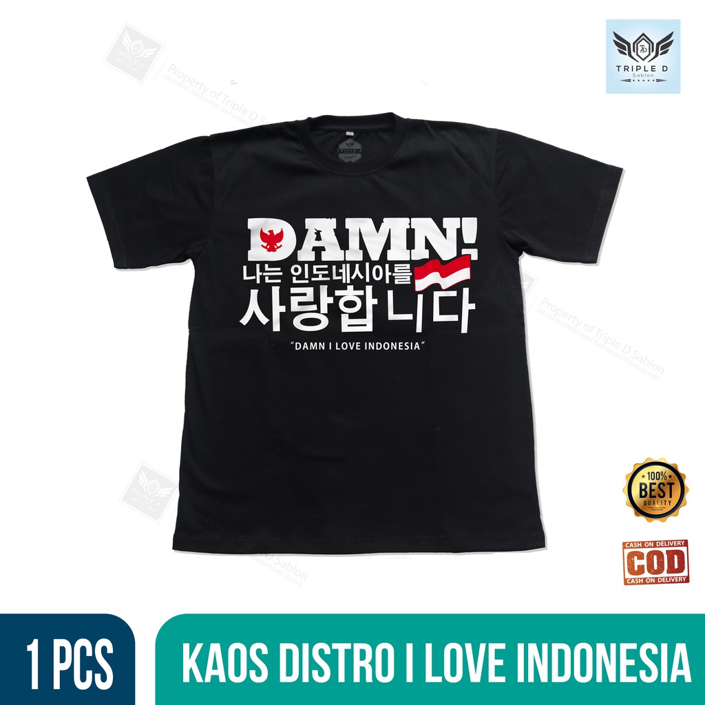 Kaos Distro Pria Wanita T-Shirt Damn I Love Indonesia Korea Hangul Original Triple D Sablon