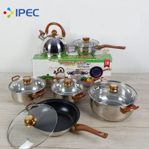 Panci Wajan Set Panci set 12pcs Stainless steel with tutup kaca frypan dan teko Q2 8212