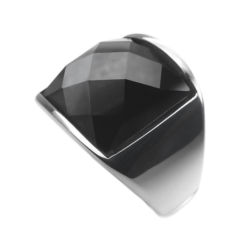 Cincin Pria Titanium Batu Akik Black Onyx Turkey Elegan Perak Keren Stainless Steel 316L