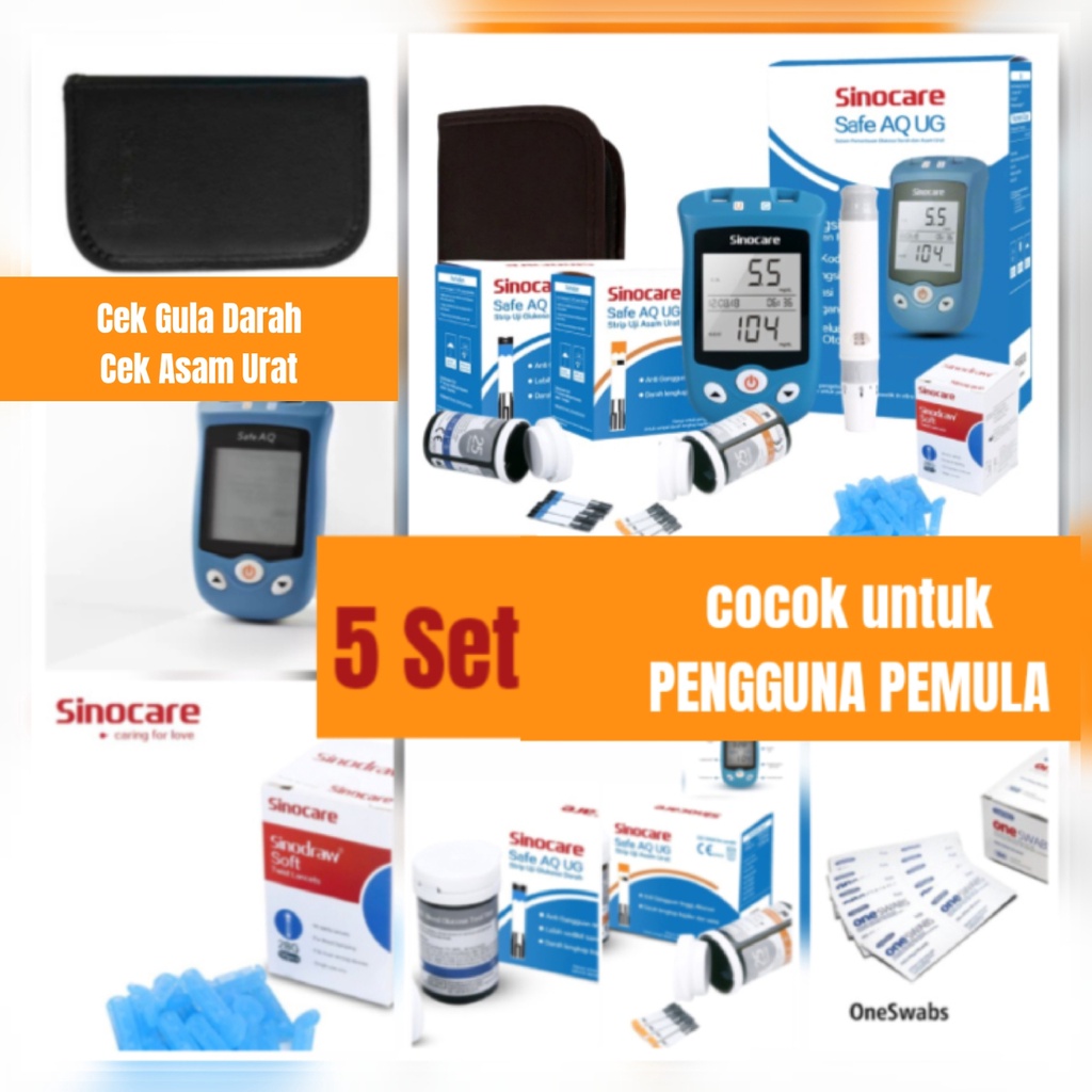 Sinocare Safe AQ UG paket lengkap 5 set cek gula darah dan asam urat