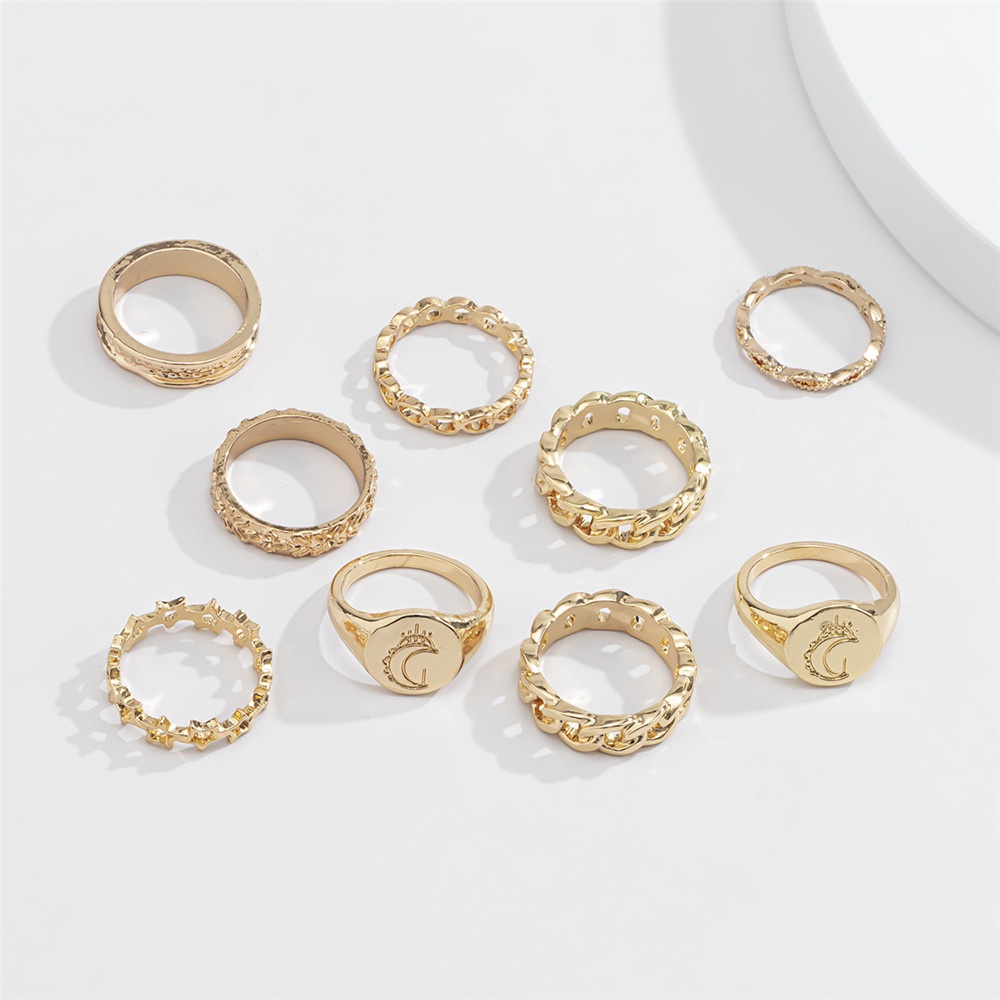 9Pcs Fashion Cincin Kombinasi Bulan Berongga | Cincin Paduan Wanita Set Perhiasan Jari Wanita