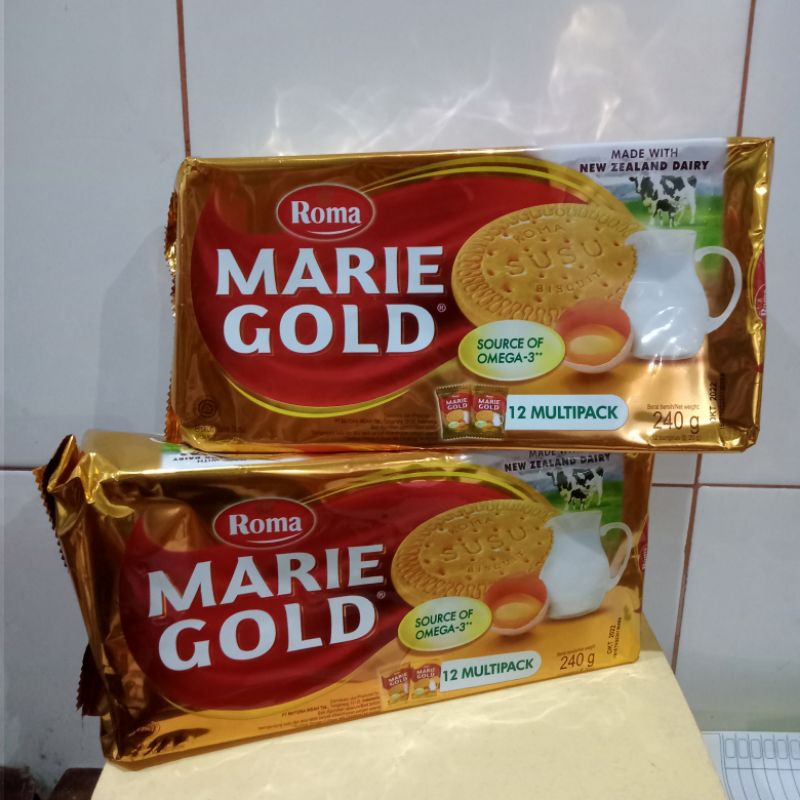 

Roma Marie gold , biskuit Marie susu, isi 12 multipack, berat bersih 240g