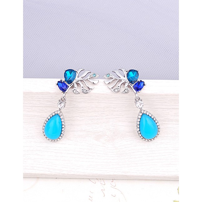 LRC Anting Tusukl Fashion Blue Leaf 925 Silver Pin Stud Earrings D33179