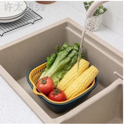 Keranjang Saringan Wadah Cuci Buah Sayur 2 Layer / Baskom Set Tempat Tirisan Sayuran Double Layers / Portable Hanging Drain Basket