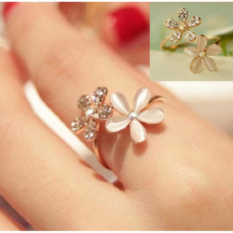 Cincin Wanita D20 TWIN DAISY Berkilau Premium High Quality Korean Style Women Ring Cewe Nuansa Pink