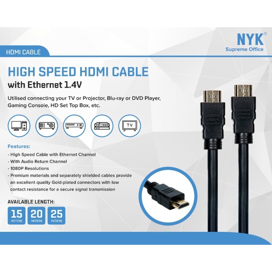 KABEL HDMI NYK 20M 1.4V 1080P ETHERNET Gold Plated Cable HDTV 20 Meter