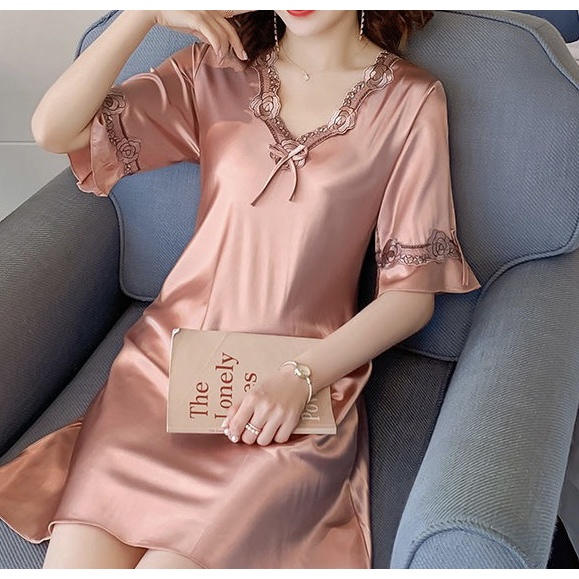 Dress Import Sweet Sexy Satin Pink Blue French Dress Santai Dress Tidur