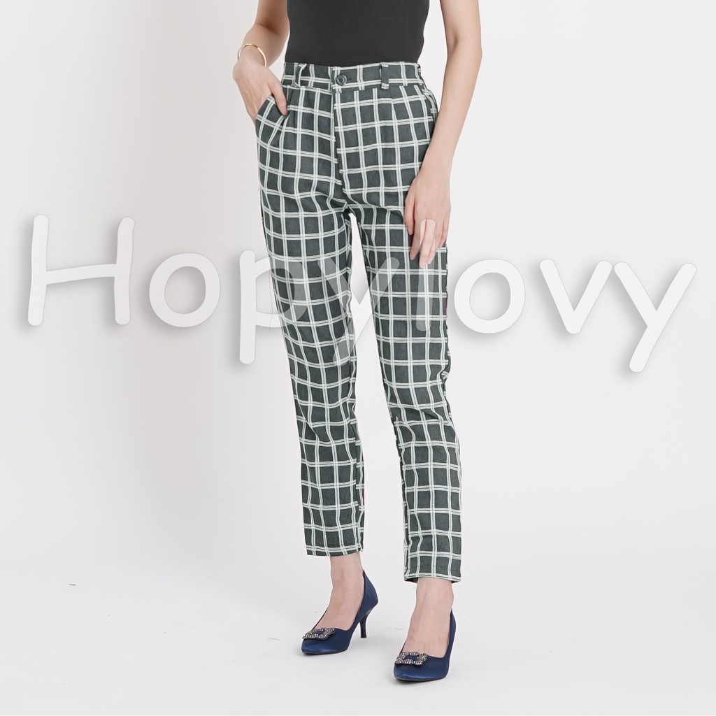 HOPYLOVY SALE - Celana Panjang Wanita / Celana Bahan Motif Kotak Cieko