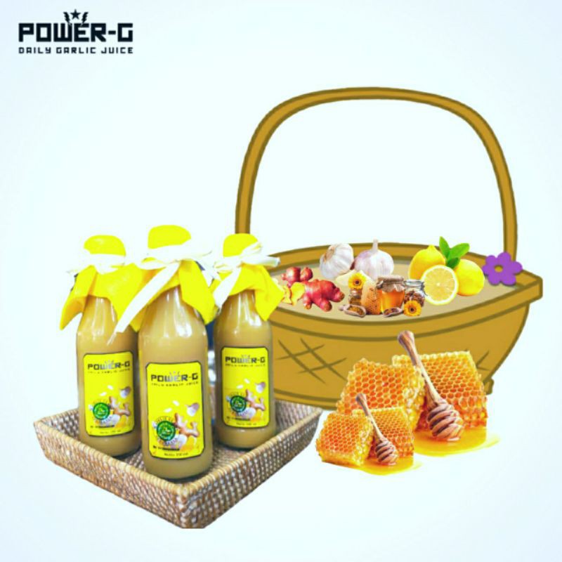 

Jus bawang putih, madu, jahe, cuka apel, lemon Power G dibuat secara higienis.,halal MUI dan PIRT