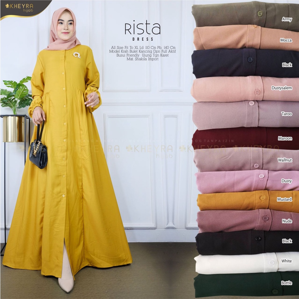 RISTA DRESS BY KHEYRA / GAMIS POLOS BEST SELLER / MAXI DRESS BERBAHAN SHAKILA IMPORT LD 110 CM