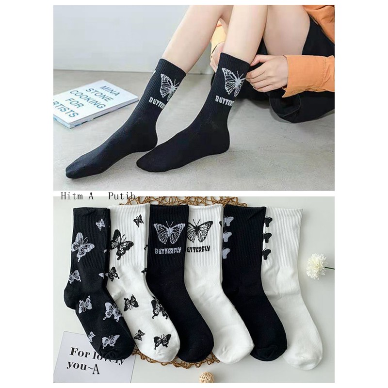 Kaus kaki Wanita kupu-kupu Motif kaus kaki hitam dan putih kasual olahraga busana Socks D50