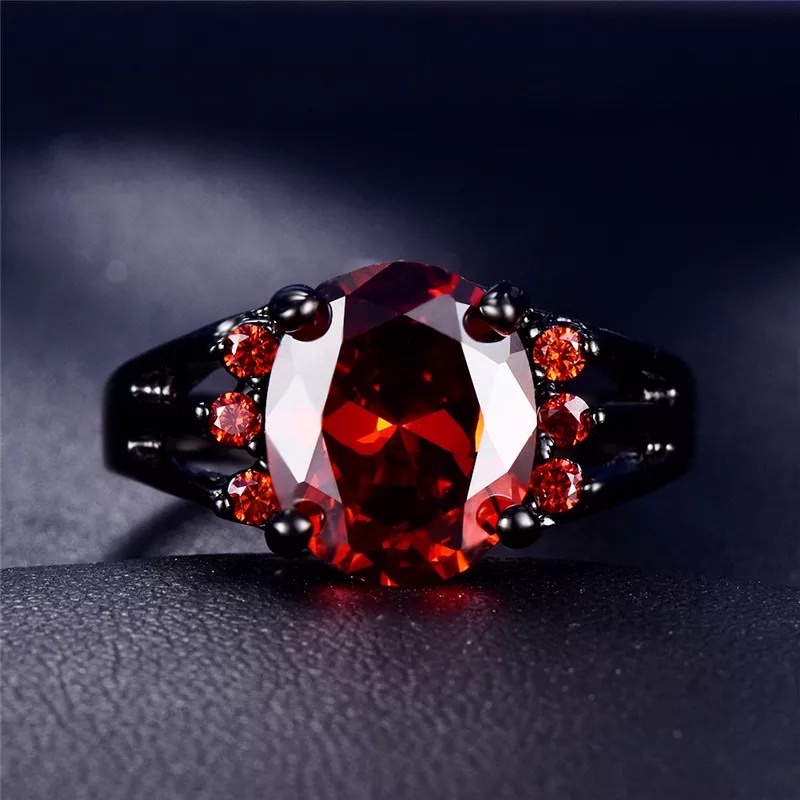 Cincin Batu Ruby Merah Garnet Wanita Pria Ring Gold Filled 14 KT Black Gun Platted