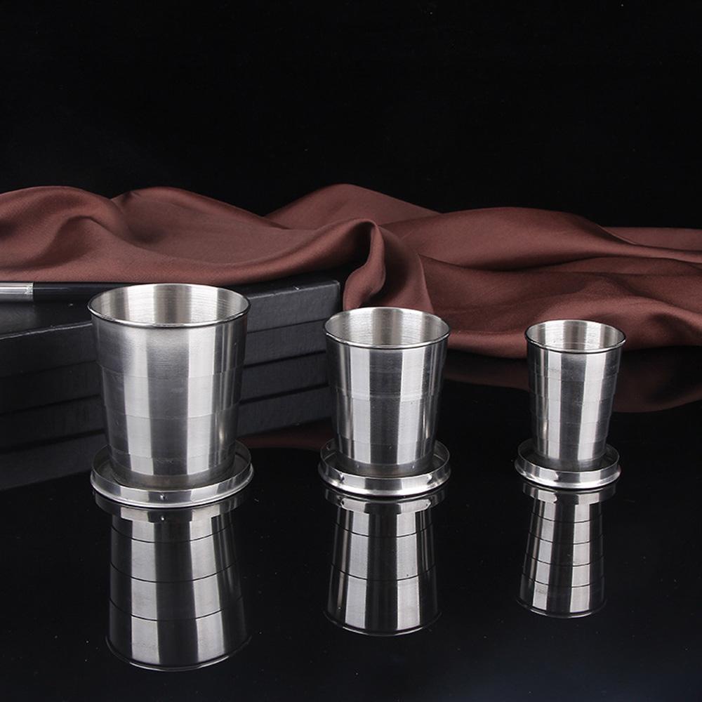 [Elegan] Gelas Lipat Portable Stainless Steel Dengan Gantungan Kunci Minum Camping Hiking Mug Telescopic Cup