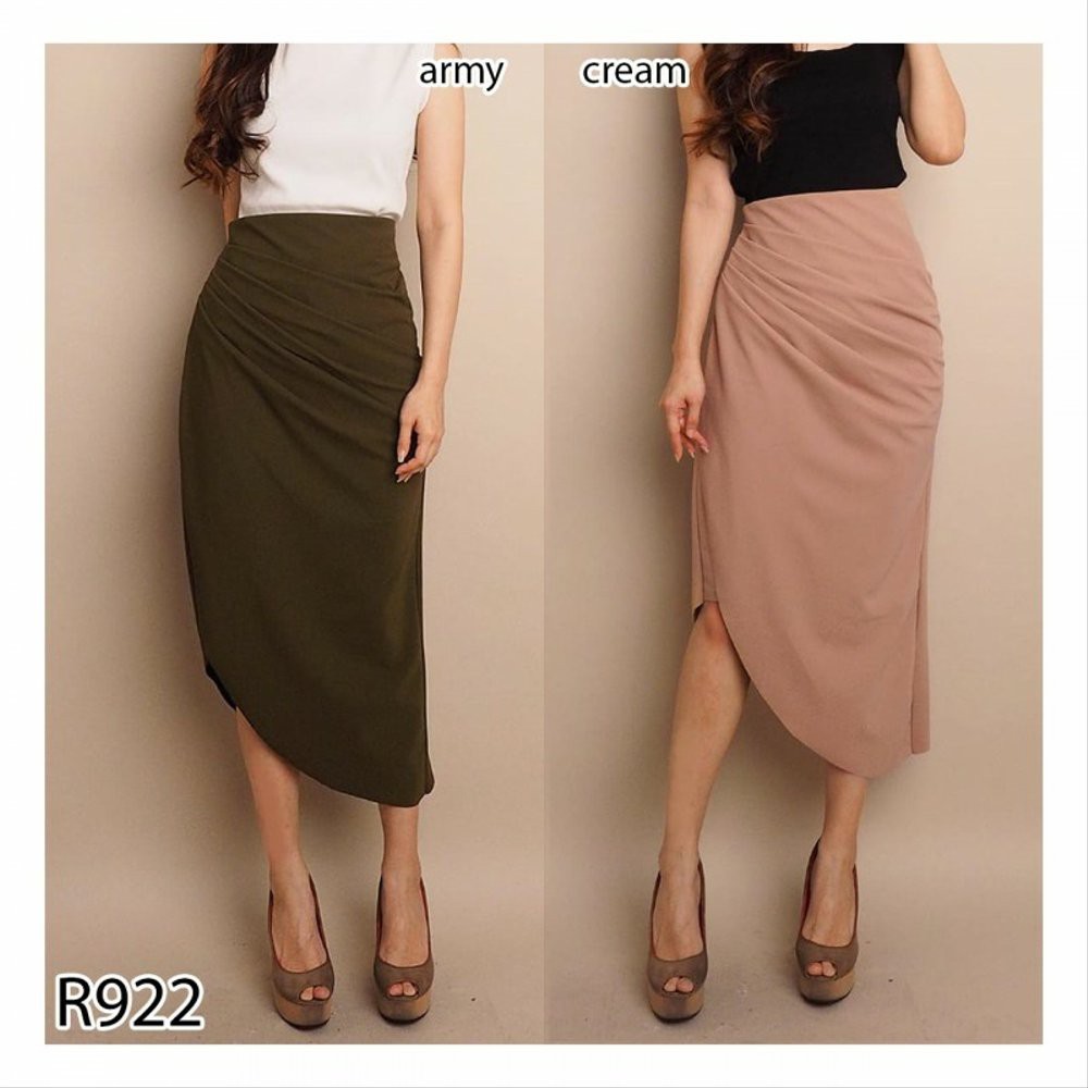 R922 ROK WANITA POLOS ASIMETRIS CASUAL MIDI CANTIK