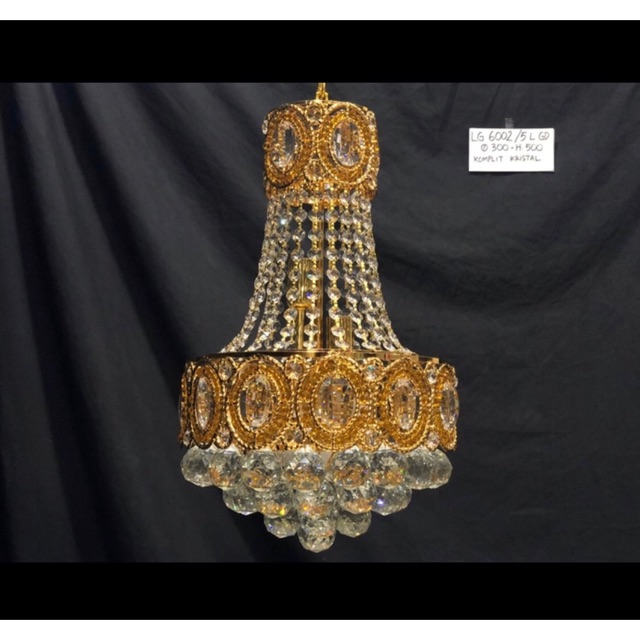 Lampu gantung kristal hias frame crown mahkota luxury chandelier gold chrome emas