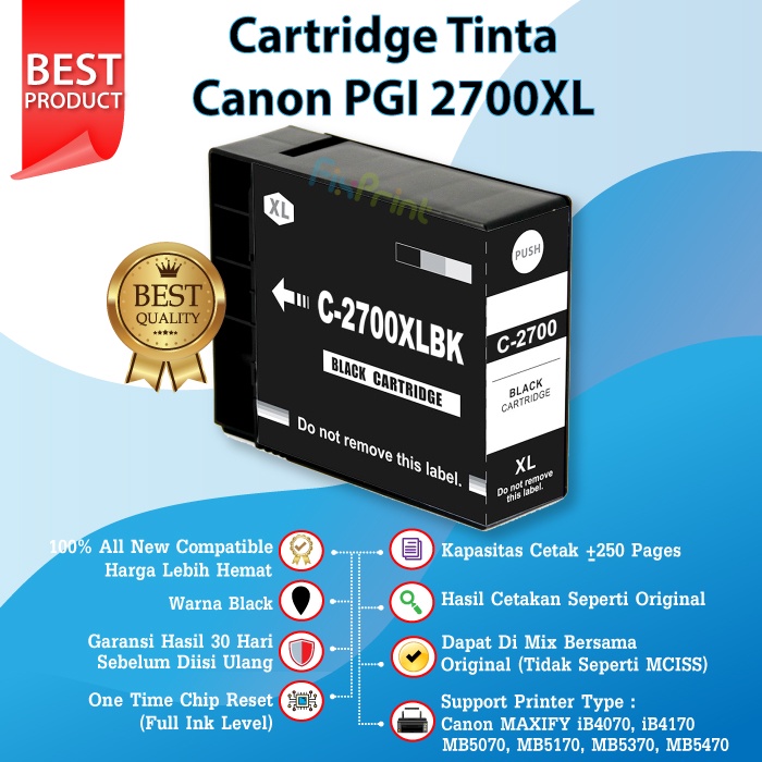 Cartridge Tinta Canon PGI 2700XL 2700 XL Black Cyan Magenta Yellow Canon MAXIFY iB4070, iB4170, MB5070, MB5170, MB5370, MB5470