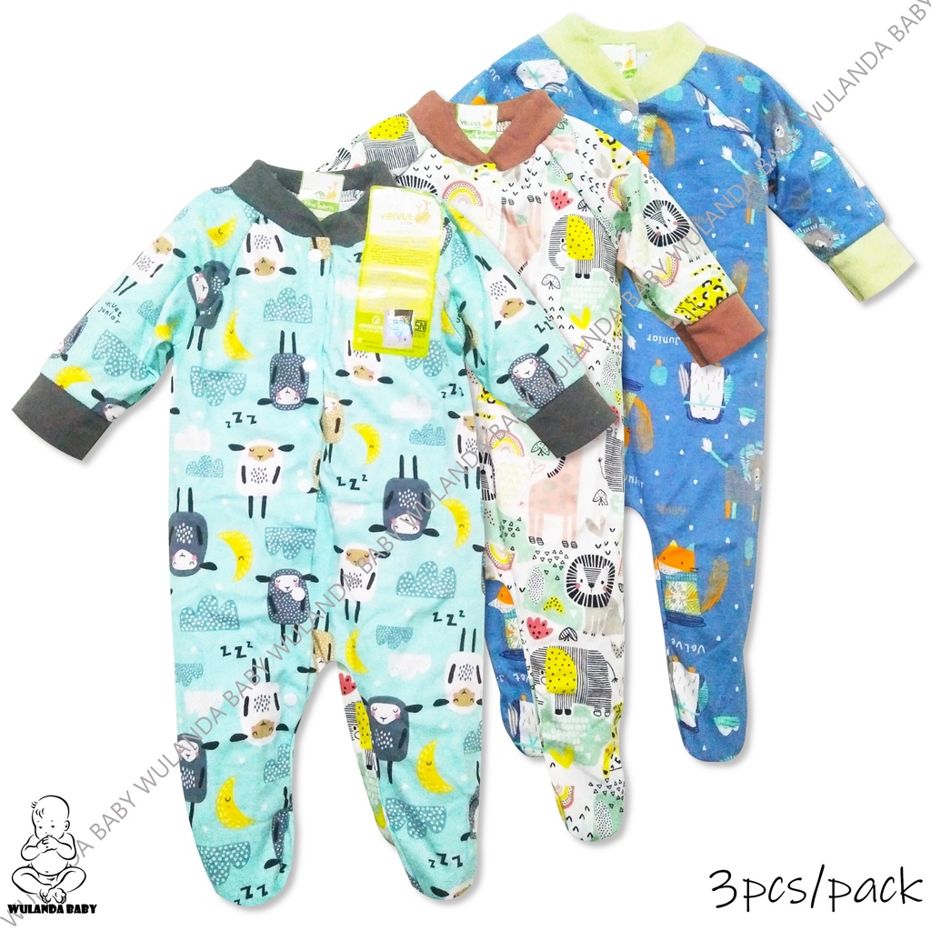 Wulanda 3 pcs baju kodok anak bayi newborn velvet junior motif terbaru Basic Wear Radiant sleepsuit 