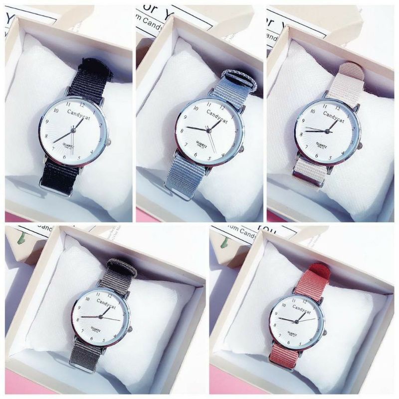 Jam Tangan Wanita Analog Quartz Casual Simple CandyCat Chic Strap Nylon Kanvas