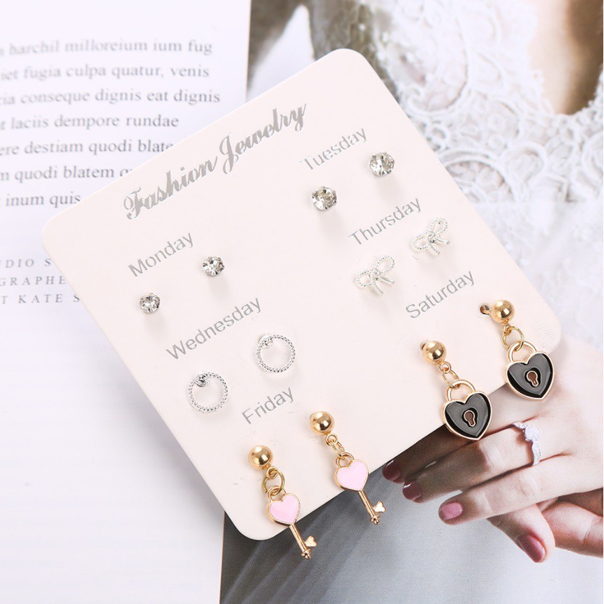 6 Pasang Anting Set #16 GEMBOK Tindik Tusuk untuk 1 Minggu Korea Fashion Earrings Pria Wanita Stud