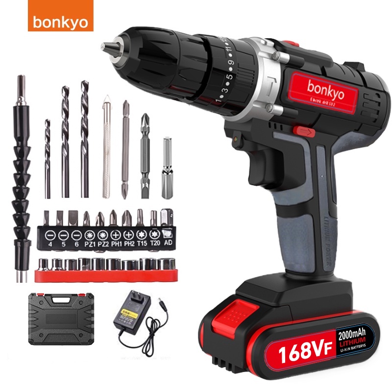 Ready  [COD] bonkyo 168VF Mesin Bor Impact Drill / Bor baterai /Bor Listrik/Beton Besi Kayu Full