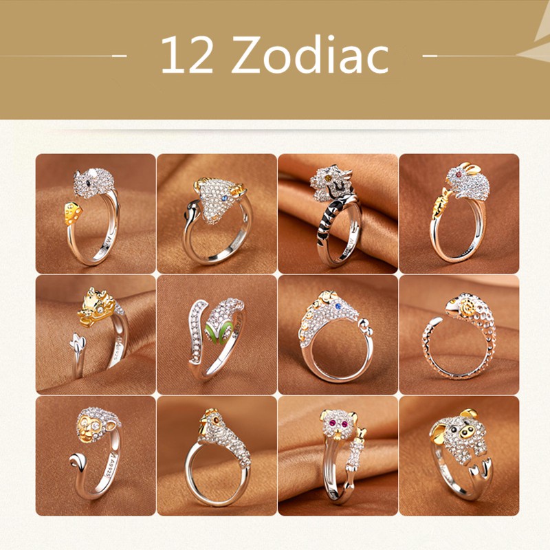 12 Zodiak Cincin Pertunangan Berlian Hewan Lucu Fashion Pria dan Wanita