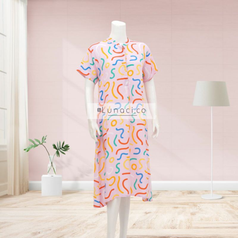 Lunaci Pink Curve HomeDress ( dress menyusui dengan bukaan depan kancing )