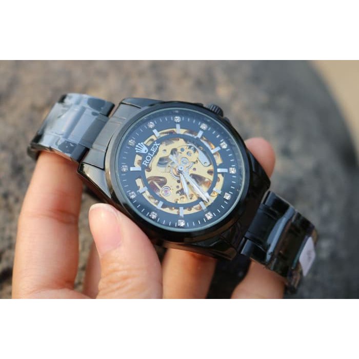 JAM TANGAN PRIA ROLEX AUTOMATIC SKELETON BESAR FULL BLACK (GOLD)