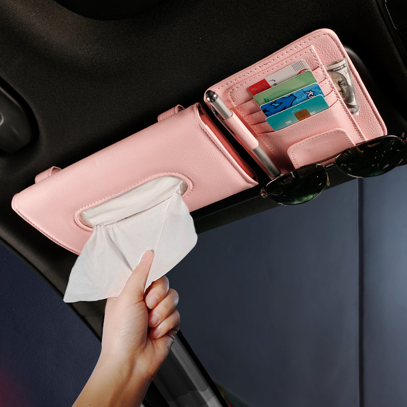 (2In1)Leather Auto Car Sun Visor Organizer Pouch Bag Tas Penyimpanan Kartu Kacamata Pulpen Sim Tempat Klip Tissue Dengan Box Aksesoris Interior Mobil