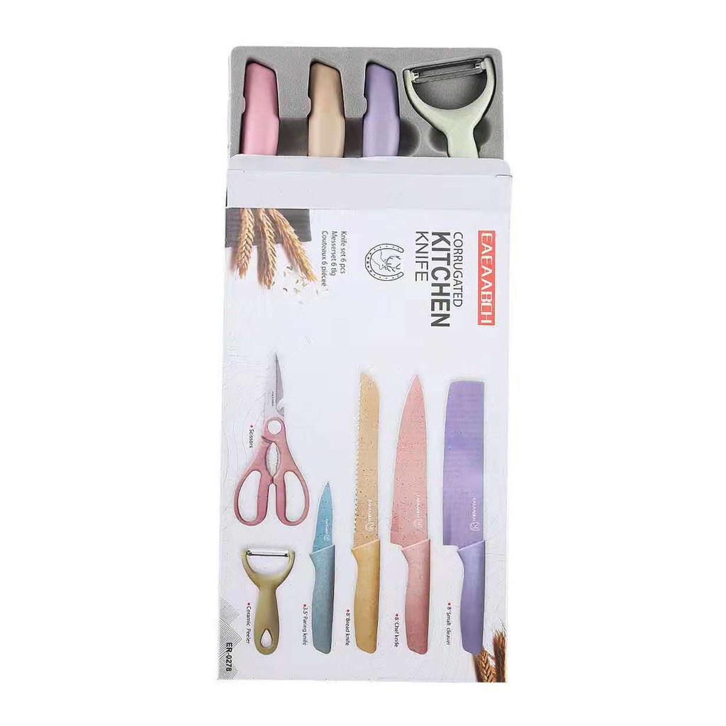 Pisau Set Jerami 6IN1 Stainless dilapis anti lengket 1 Set isi 6 Warna Cantik