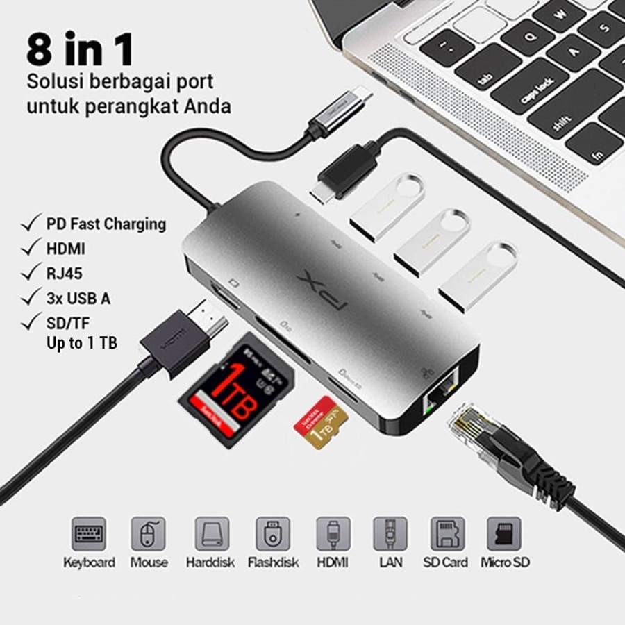 PX UCH18 8 in 1 - USB Hub Converter Type C Ipad to HDMI USB 3.0