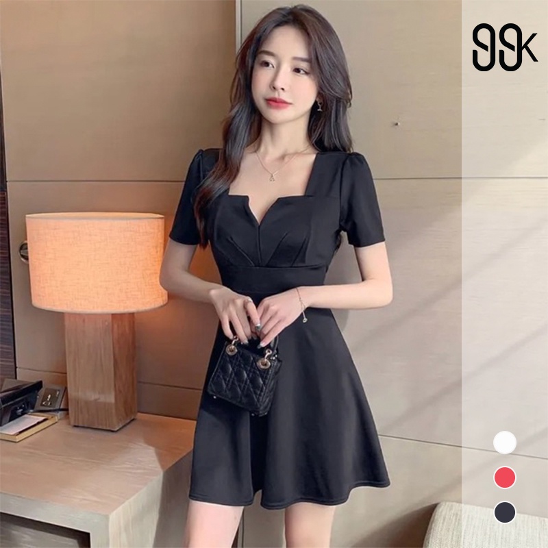 Korean Short Sleeve Square Neck Mini Dress Wanita Lengan Pendek 1405 (S/M/L/XL)