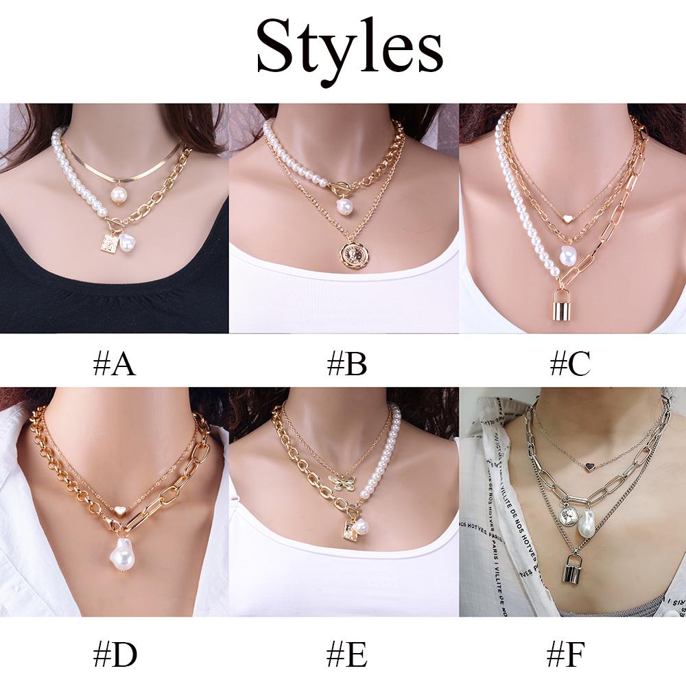 Needway Multilayer Kalung Mutiara Untuk Wanita Potret Warna Emas Perak Rantai Leher Butterfly Necklace