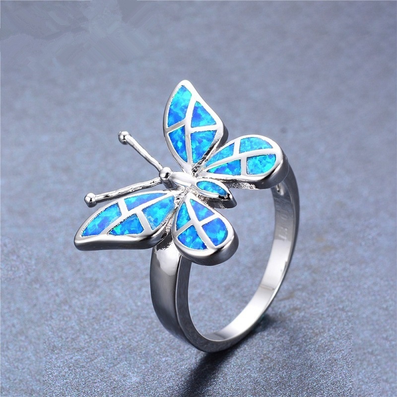 Opal blue butterfly shape ring wedding ring