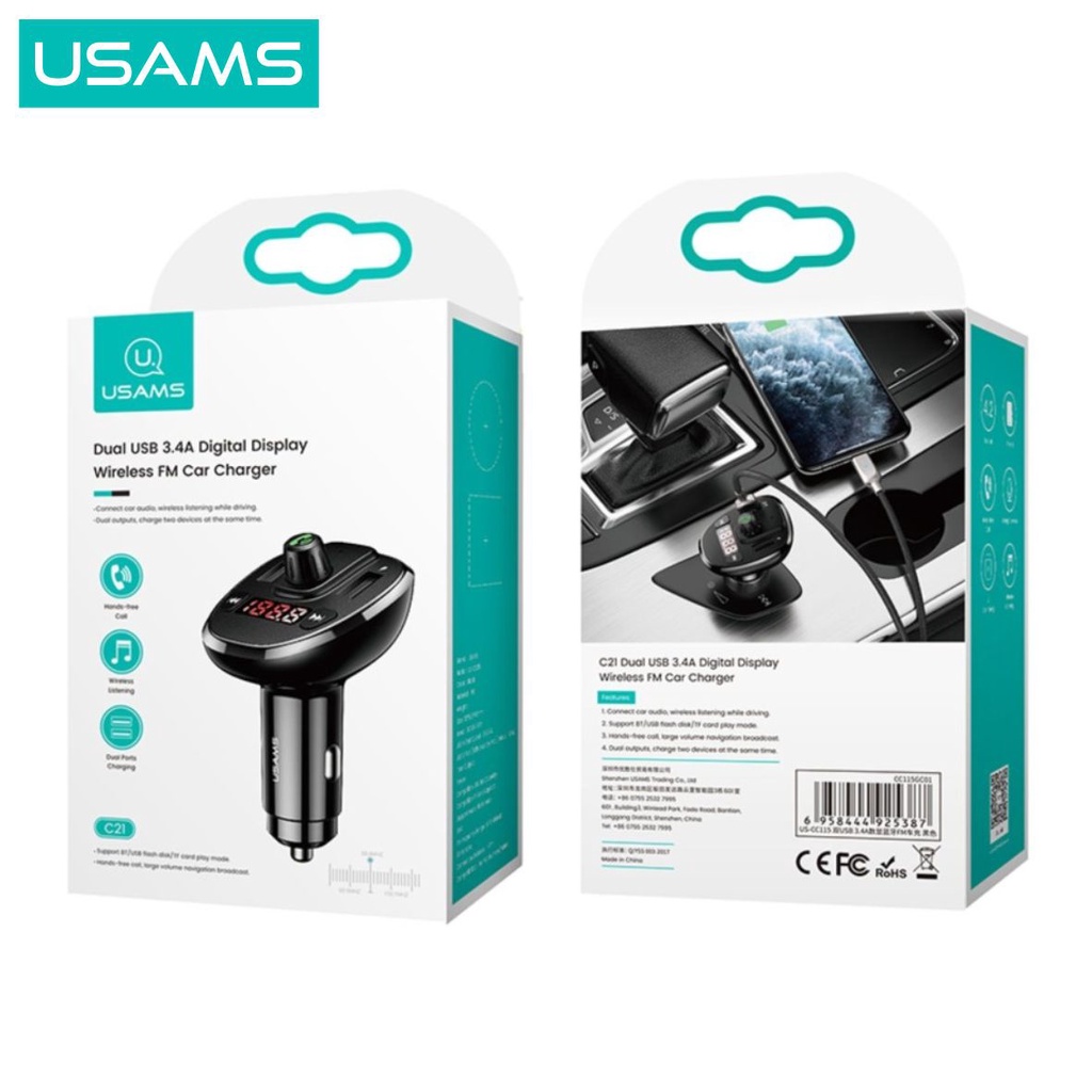 USAMS C21 Charger Mobil FM Transmitter Bluetooth Digital Display Wireless Dual USB 3.4A Fast Charge