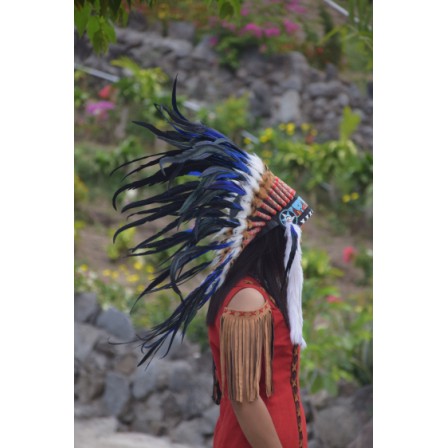 TOPI INDIAN-INDIAN HEADDRESS SMALL AYAM MONTE BIRU FUR PUTIH