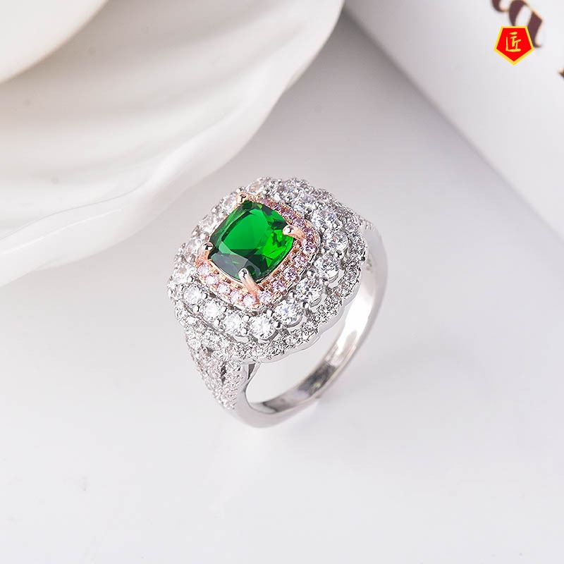 [Ready Stock]Fashion Inlaid Square Diamond Emerald Two-Tone Ring