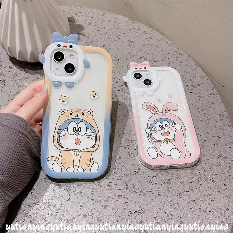 Kartun Doraemon Couple Case Oppo A17 A15 A54 A57 2022 A55 A3s A7 A5s A12 A53 A33 A76 A96 A17K Reno 4F 5F 5 7 A74 A95 A16K A52 A16 A5 A9 A31 A16s 3D Bow-knot Little Monster Cover