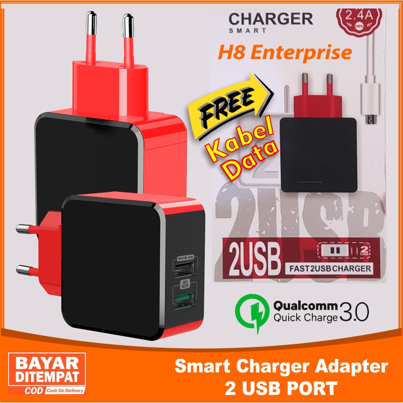 Adaptor Charger PREMIUM QUALITY BATOK Kepala Charger 2 Ports USB FAST CHARGING 2.4A Free Kabel Data