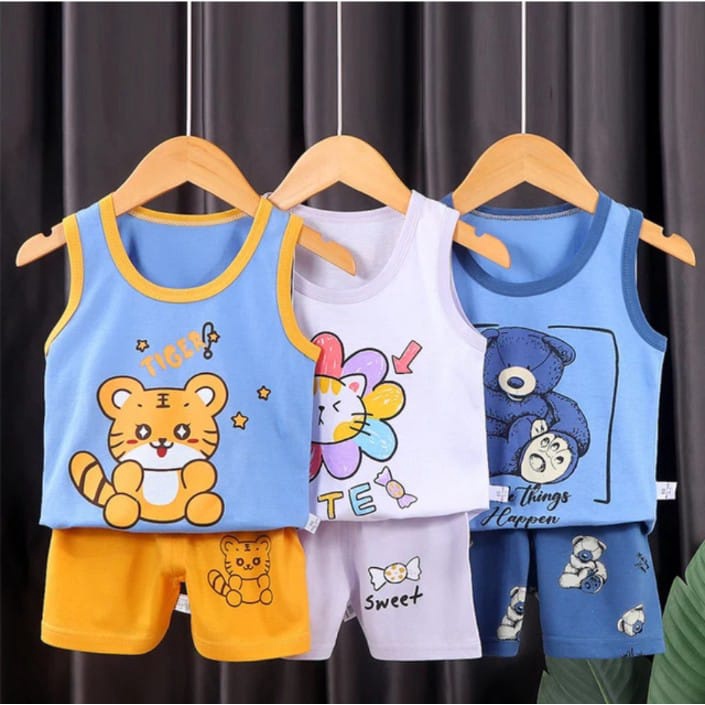 ( zwq ) TL007-010 Setelan Anak 0-6 Tahun Setelan Bayi Piyama Baju Tanpa Lengan + Celana Pendek