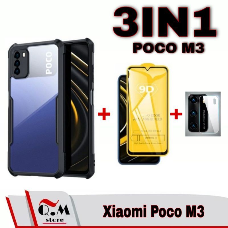 PROMO 3IN1 Case XIAOMI POCO M3 Softcase TRANSPARAN / 2in1 Tempered Glass Layar + Camera